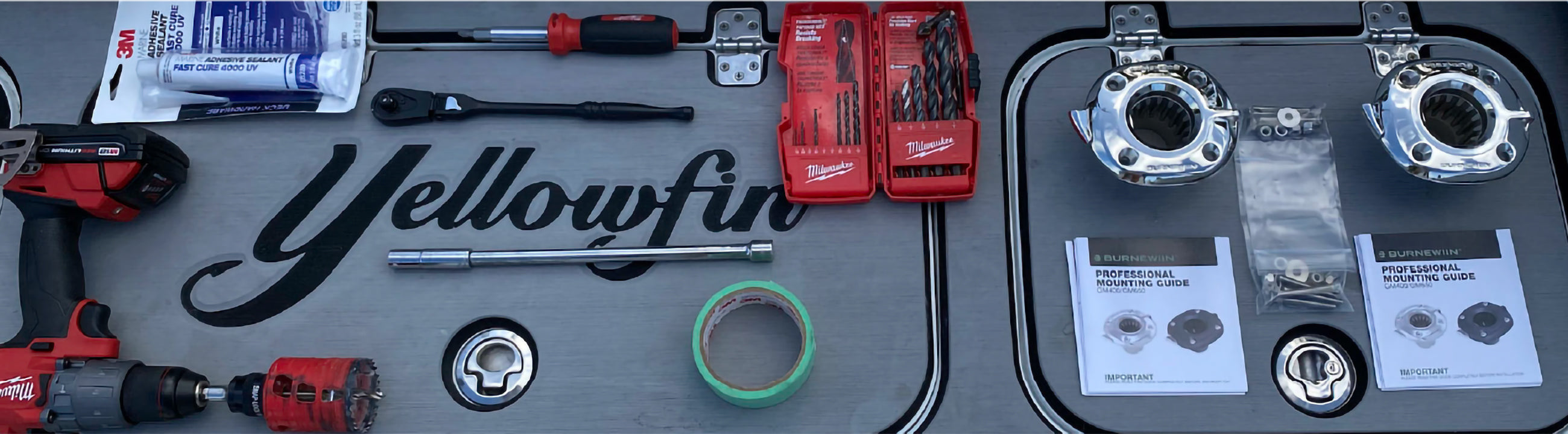 Top view of installation hardware and accessories, including Burnewiin products, neatly presented on a boat storage cabinet.