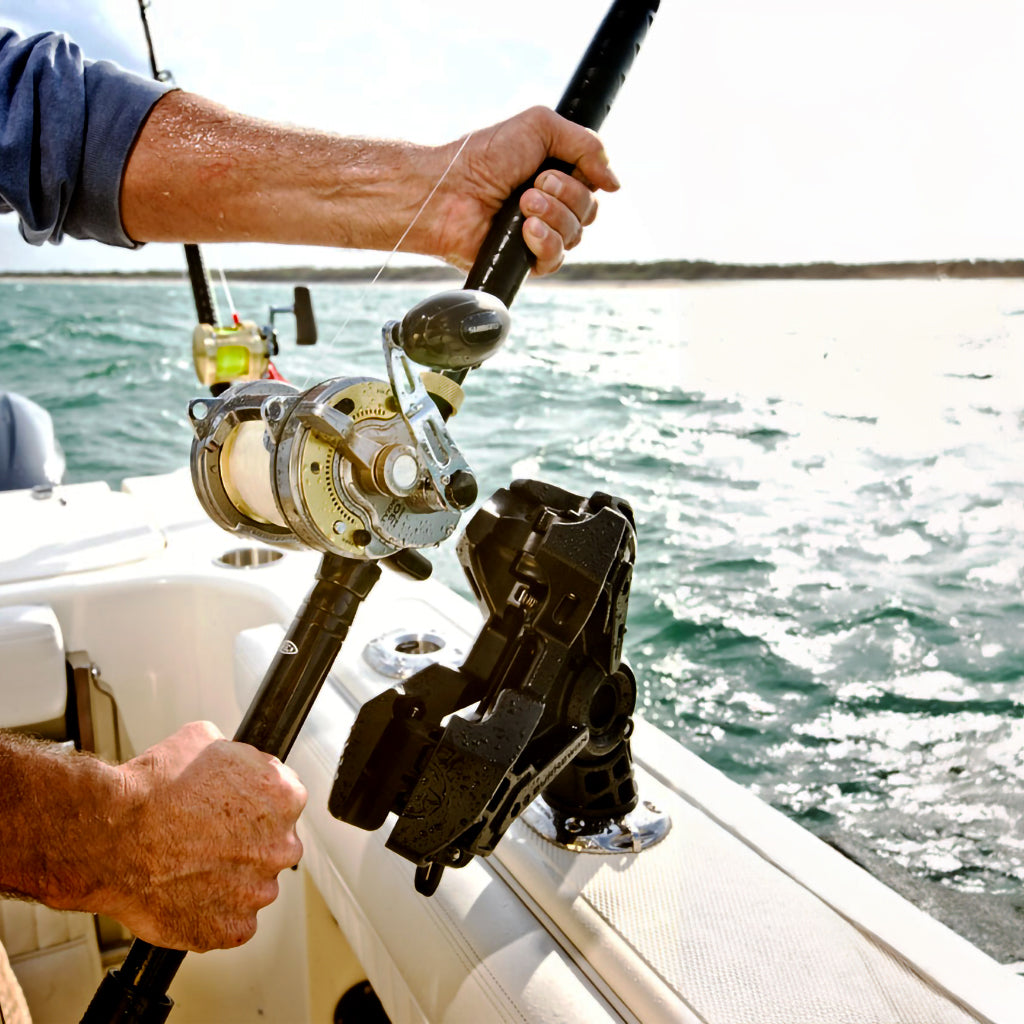 Hands holding a fishing rod ready to be inserted into the Burnewiin RH6650 Rod Holder that is mounted on the gunwale of a boat.