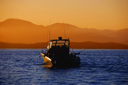 A Burnewiin-equipped fishing boat trolling at sunset against the silhouette of mountains and reddish skies 