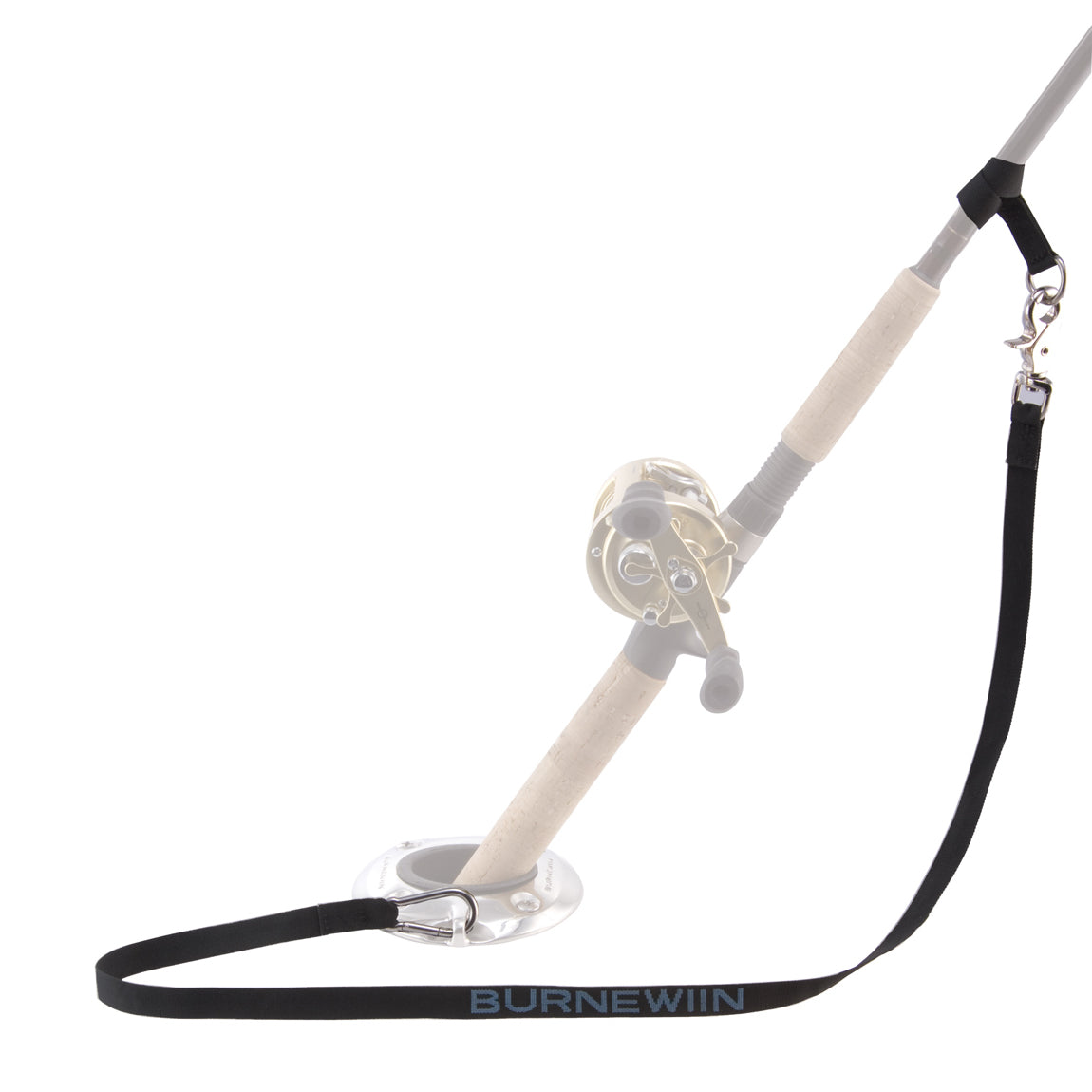 The Burnewiin RL5353 Rod Leash illustrated with a white background and a attached to a dimmed fishing rod and holder.