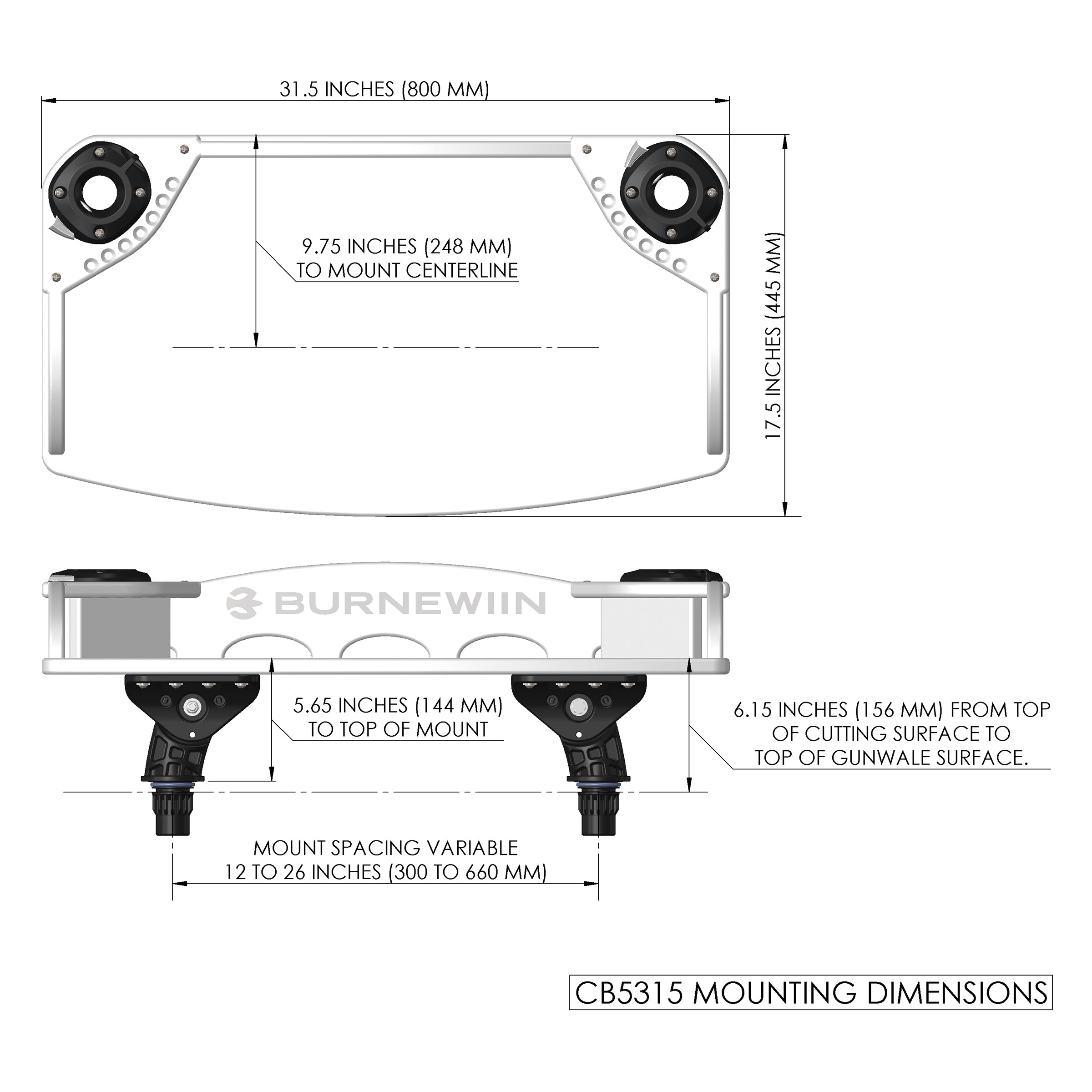 The mounting dimensions diagram for the Burnewiin CB5315 Cutting Board.