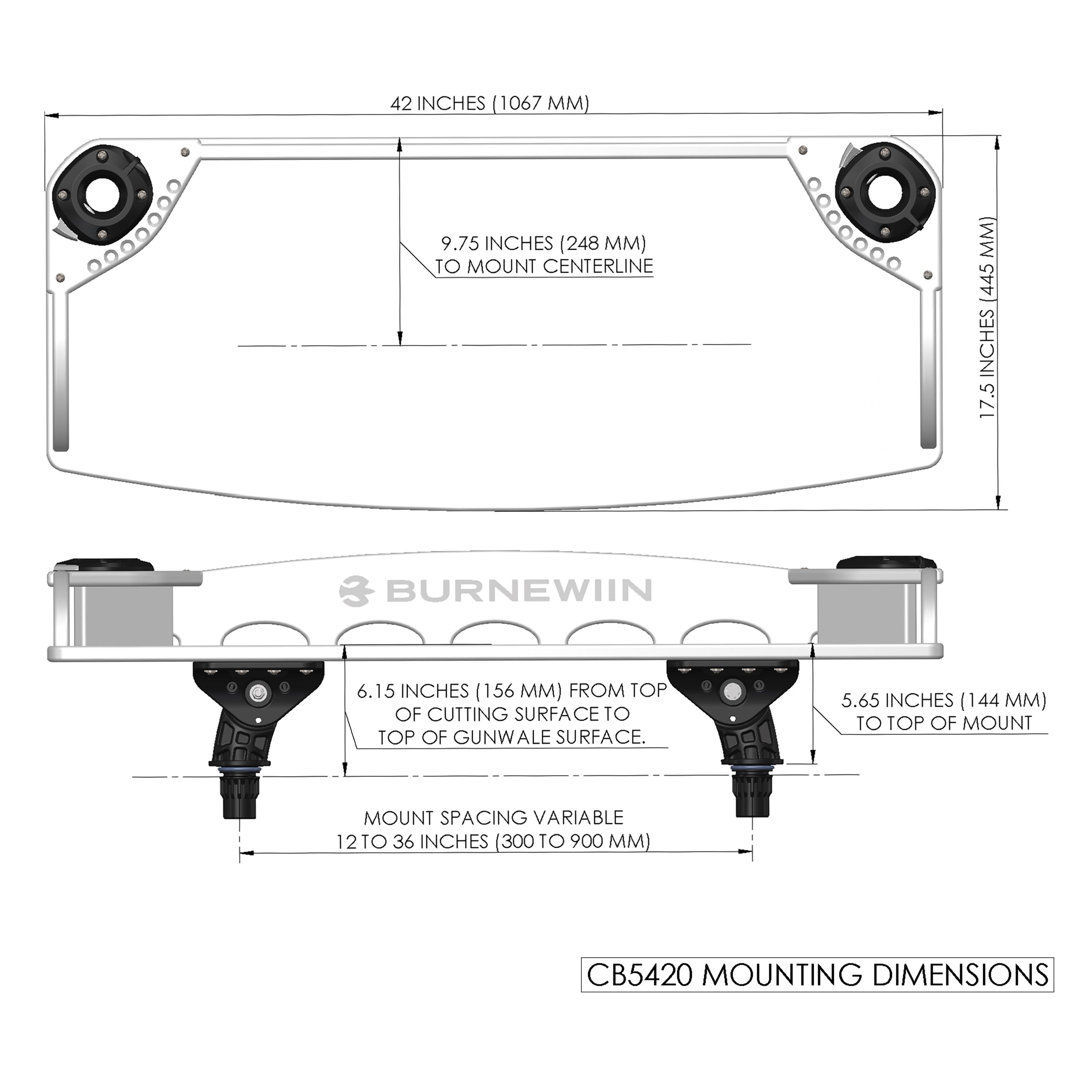 The mounting dimensions diagram for the Burnewiin CB5420 Cutting Board.